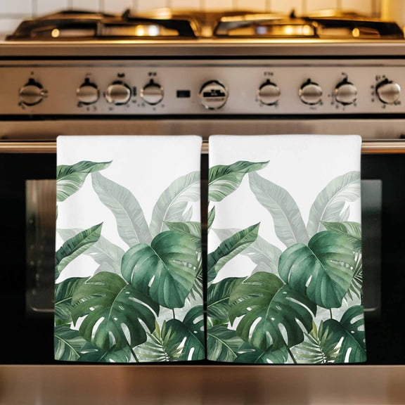 Palm Leaves Tropical Kitchen Towels Set of 4, Green Botanical Summer Absorbent Dish Towels for Kitchen, Microfiber Hand Towel, Quick Drying Tea Towel for Cleaning Decorative Dishcloths