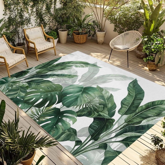 Palm Leaves Tropical Outdoor Rug for Patio/Deck/Porch, Non-Slip Large Area Rug 3 x 5 Ft, Green Botanical Summer Indoor Outdoor Rugs Washable Area Rugs, Reversible Camping Rug Carpet Runner