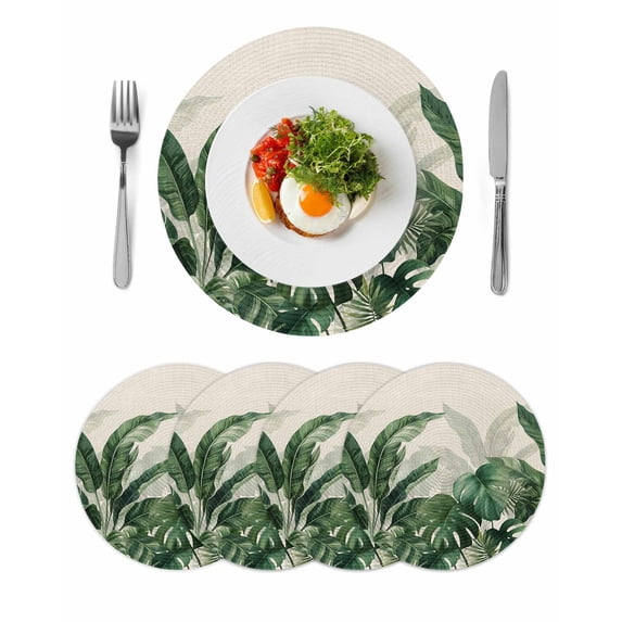 Palm Leaves Tropical Round 15 Inch Placemats Set of 4, Green Botanical Summer Linen HeatResistant Non Slip Place Mats for Dining Table, Wipeable Braided Kitchen Table Mats for Housewarming