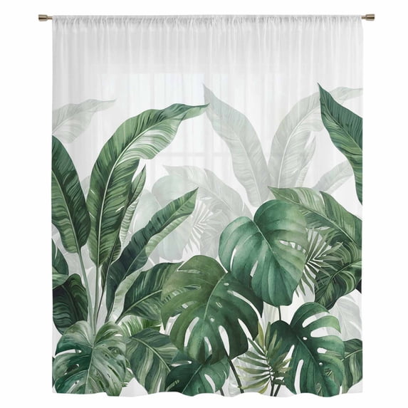Palm Leaves Tropical Sheer Curtains 54 Inches Long, Green Botanical Summer Light Filering Curtains, Breathable Simi Curtain Privacy Drapes for Kitchen Bathroom Lightweight Small Window Treatment
