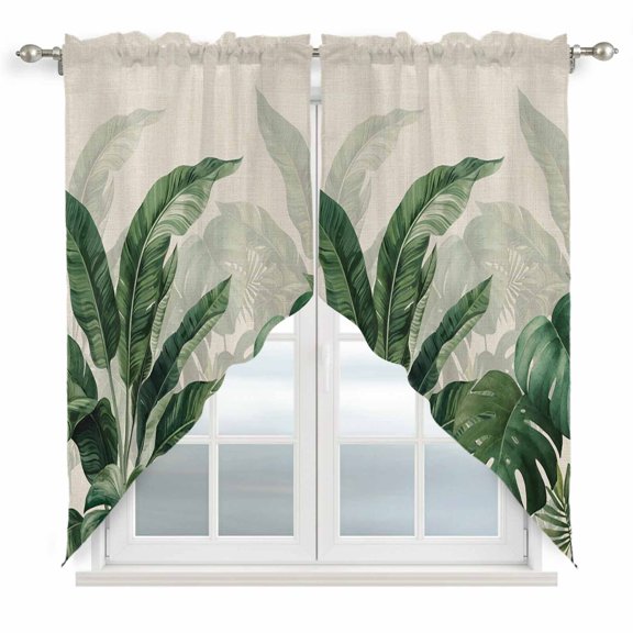 Palm Leaves Tropical Swag Curtains for Living Room/Bedroom, Green Botanical Summer Linen Swag Kitchen Curtain Valances for Windows, Tier Topper Scalloped Curtain 2 Panels, 56"W x 36"L