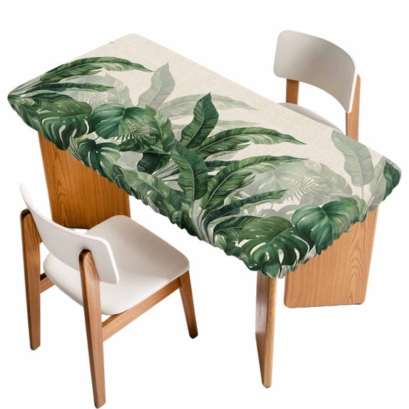 Palm Leaves Tropical Table Cloths for 3 Foot Rectangle Tables, Green Botanical Summer Linen Patio Waterproof Elastic Fitted Tablecloths, Washable Rectangular Table Cover for Camping