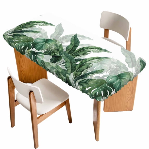 Palm Leaves Tropical Table Cloths for 4 Foot Rectangle Tables, Green Botanical Summer Patio Waterproof Elastic Fitted Tablecloths, Washable Rectangular Table Cover for Camping