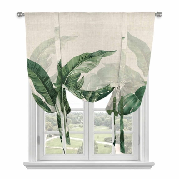 Palm Leaves Tropical Tie Up Curtains 45 Inches Long, Kitchen Window Curtains Over Sink, Green Botanical Summer Linen Small Window Curtains Shade Balloon Curtains Valances for Bedroom/Cafe 34"x45"