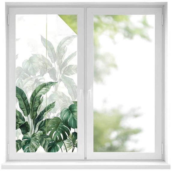 Palm Leaves Tropical Window Privacy Film, Green Botanical Summer Static Cling UV Sun Blocking Heat Control Window Tint Day and Night, Non-Adhesive Reusable One Way Windows Privacy Cover 19.6''x39.3''