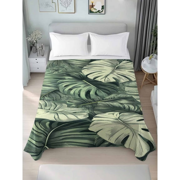 Palm Leaves Twim Size Flat Sheet, Wrinkleproof & Fadeproof Cooling Flat Bed Sheet Only, Country Summer Botanical Tropical Plants Breathable Soft Bedding Top Sheets 66 x 96 Inches