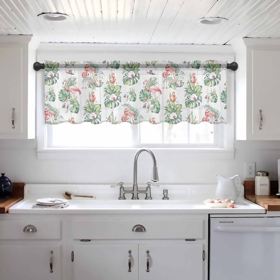 Palm Leaves Valance Curtains for Kitchen/Living Room/Bathroom/Bedroom Window, Tropical Flamingo Summer Green Flower Rod Pocket Small Topper Half Short Window Curtains Voile Sheer Scarf 42"x18"