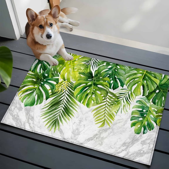 Palm Leaves Washable Entry Rug 2x3 Tropical Coastal Botanical Nature Low Pile Indoor Door Mat with Rubber Backing Thin Area Rug for for Entrance, Bedroom, Kitchen, Laundry, Bathroom
