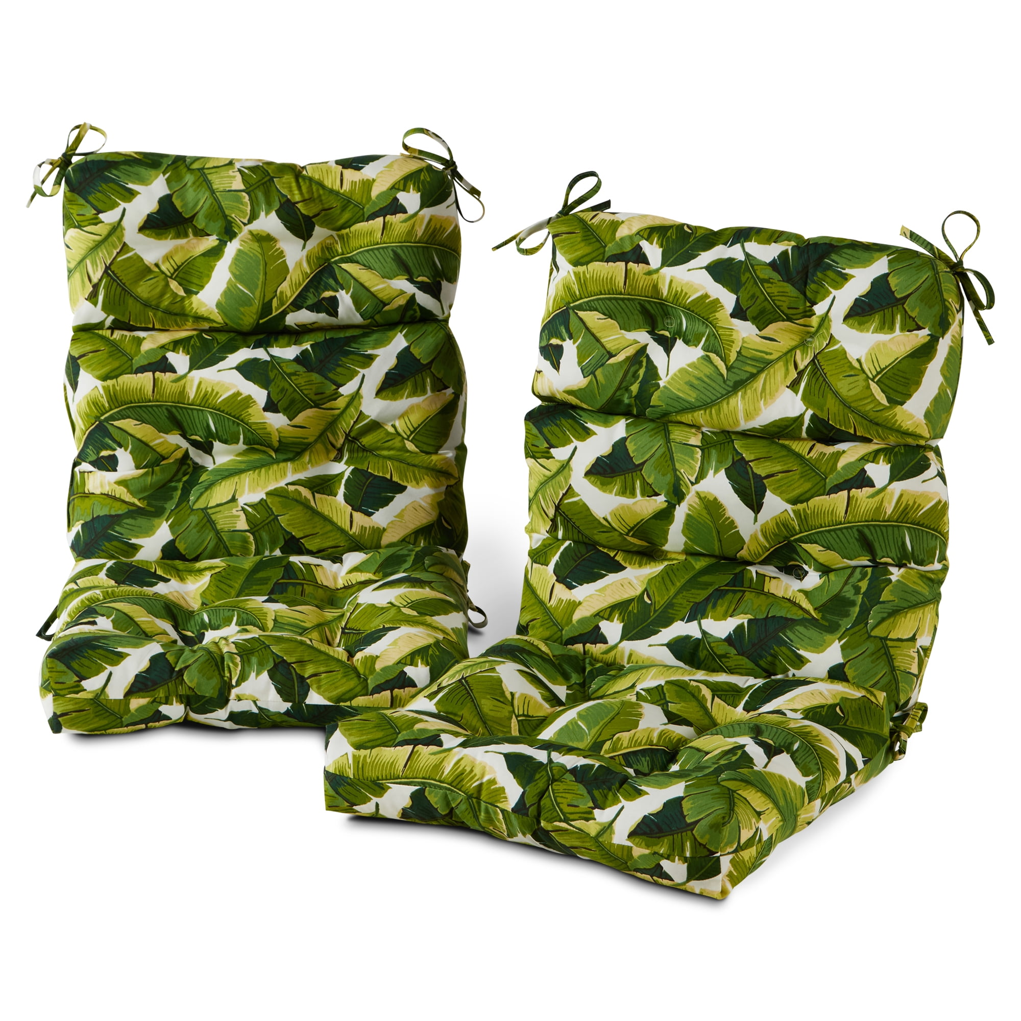 Palm Leaves Green and White High Back Outdoor Chair Cushions Set
