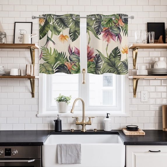 Palm Leaves Window Curtains Panels with Silver Grommet, Summer Botanical Tropical Plants Rustic Kitchen Cafe Curtain Draperies Window Treatment Set for Living Room/Bedroom/Laundry/Bathroom, 55x39