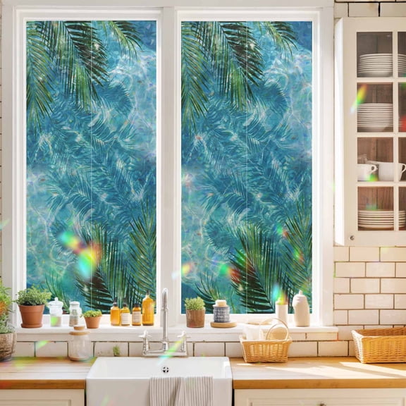 Palm Leaves Window Privacy Film Summer Pool Sunshine Water Ripples Static Cling Stained Glass Window Film Non-Adhesive Decorative Decals Rainbow Sticker 17.7"X39.3"
