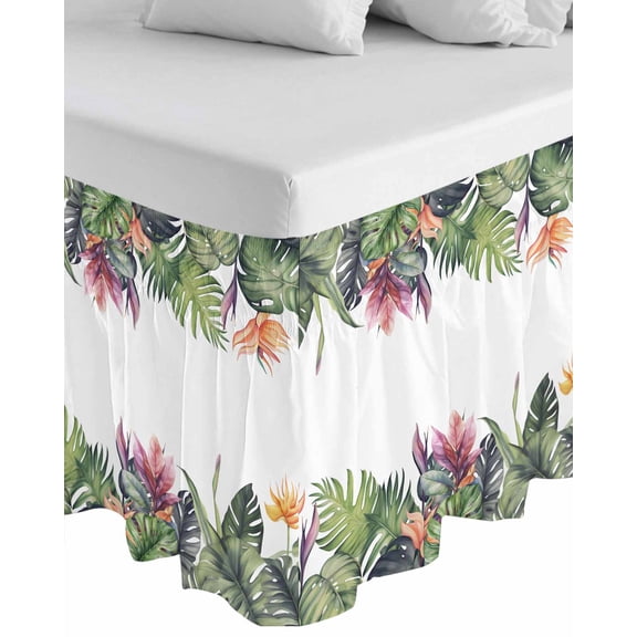 Palm Leaves Wrap Around Bed Skirts for Queen Bed 18" Drop, Bed Skirt with Adjustable Elastic Belt Dust Ruffle Bed Valance for Bedroom Hotel Luxury Summer Botanical Tropical Plants Bed Frame Cover