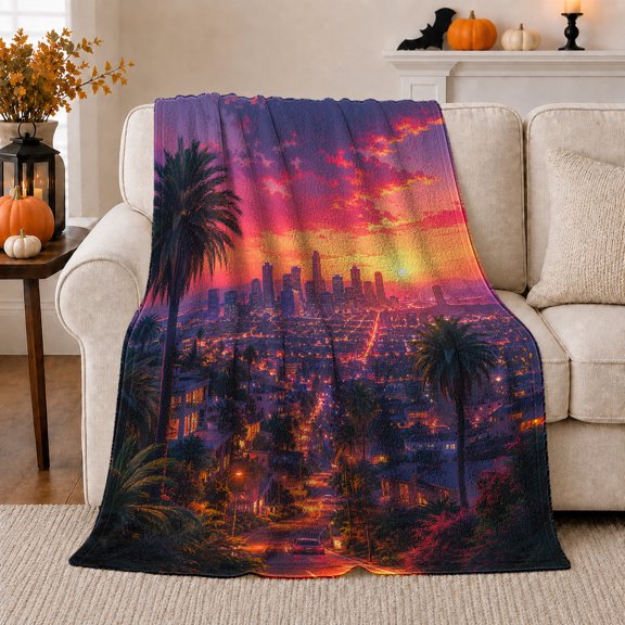 Palm Lined City Nightscape with Magenta Sunset Clouds, Bold Coastal Urban Landscape for City Lovers, Birthday Gift, Soft Flannel Blanket for Bedroom and Game Room, Modern Home Decor
