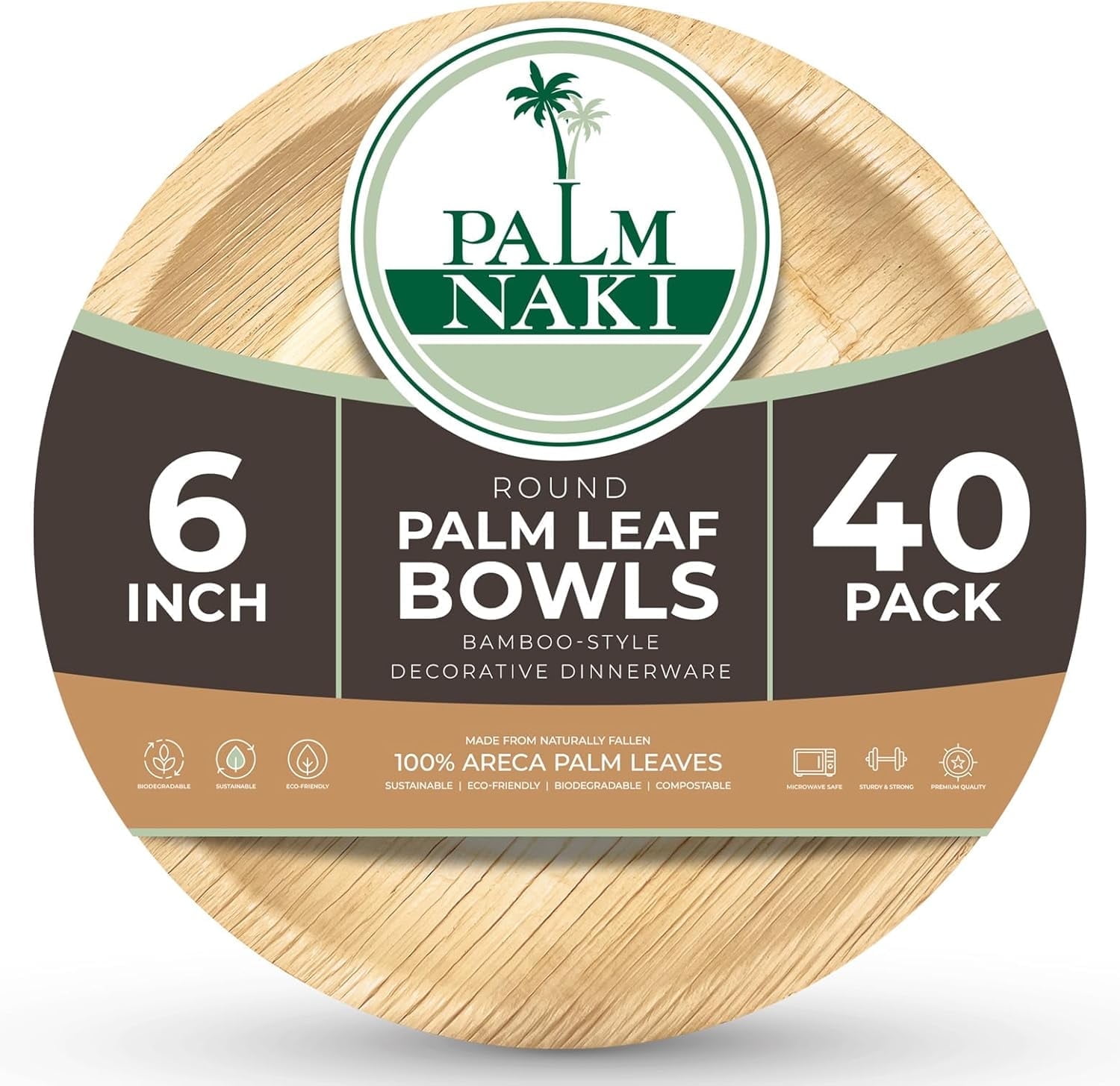 Eco-Friendly 6" Round Palm Leaf Bamboo-Style Bowls, 40 Pack