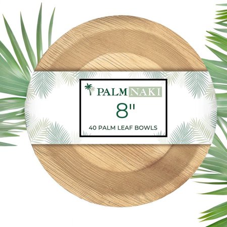 Palm Naki Round Palm Leaf Bowls (40 Count) - Disposable Dinnerware, Compostable and Biodegradable Bowls (8" Deep Bowls)