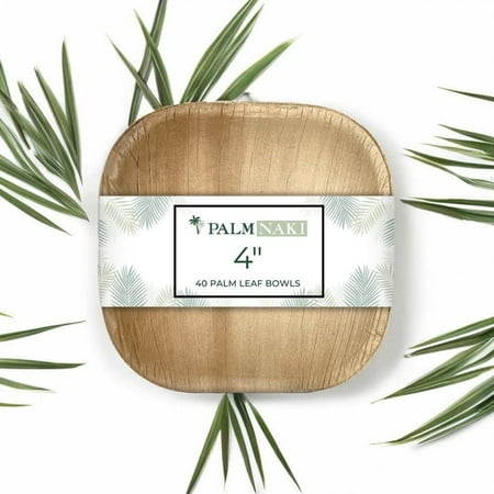 Palm Naki Square Palm Leaf Bowl(40 Count) - Disposable Dinnerware, Compostable and Biodegradable Bowls (4" Bowl)