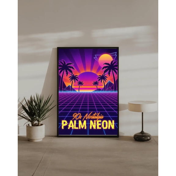 Palm Neon Wall Art Print 90s Retro Sunset Poster Vaporwave Synthwave Neon Grid Landscape Retro Gaming Room Decor