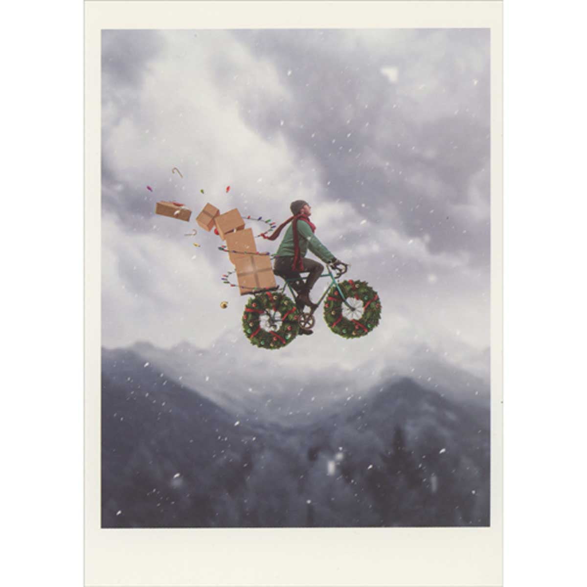 Palm Press Bicyclist with Stack of Packages on Bike Flying Over Mountains Box of 10 Funny / Humorous Christmas Cards