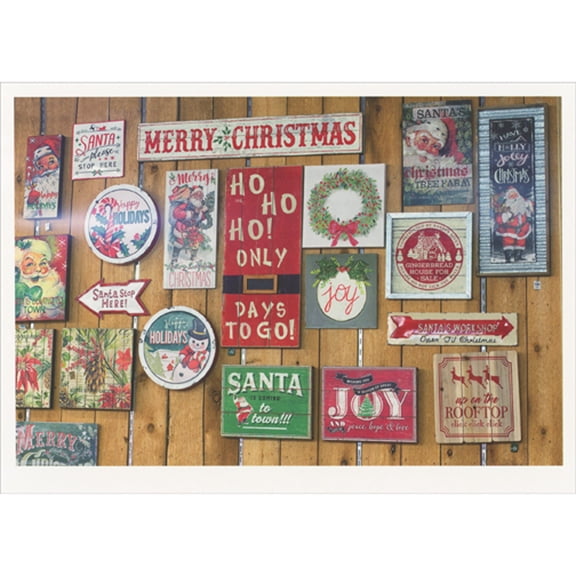 Palm Press Wood Plank Wall Covered with Colorful Holiday Signs Box of 10 Christmas Cards