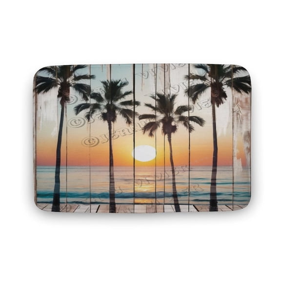 Palm Print Bathroom Rugs, Soft Microfiber,Rustic Ocean Landscape Print Bath Decor Rugs, 16"x24" Coral Velvet Bathtub Mats,Non Slip Mat for Shower