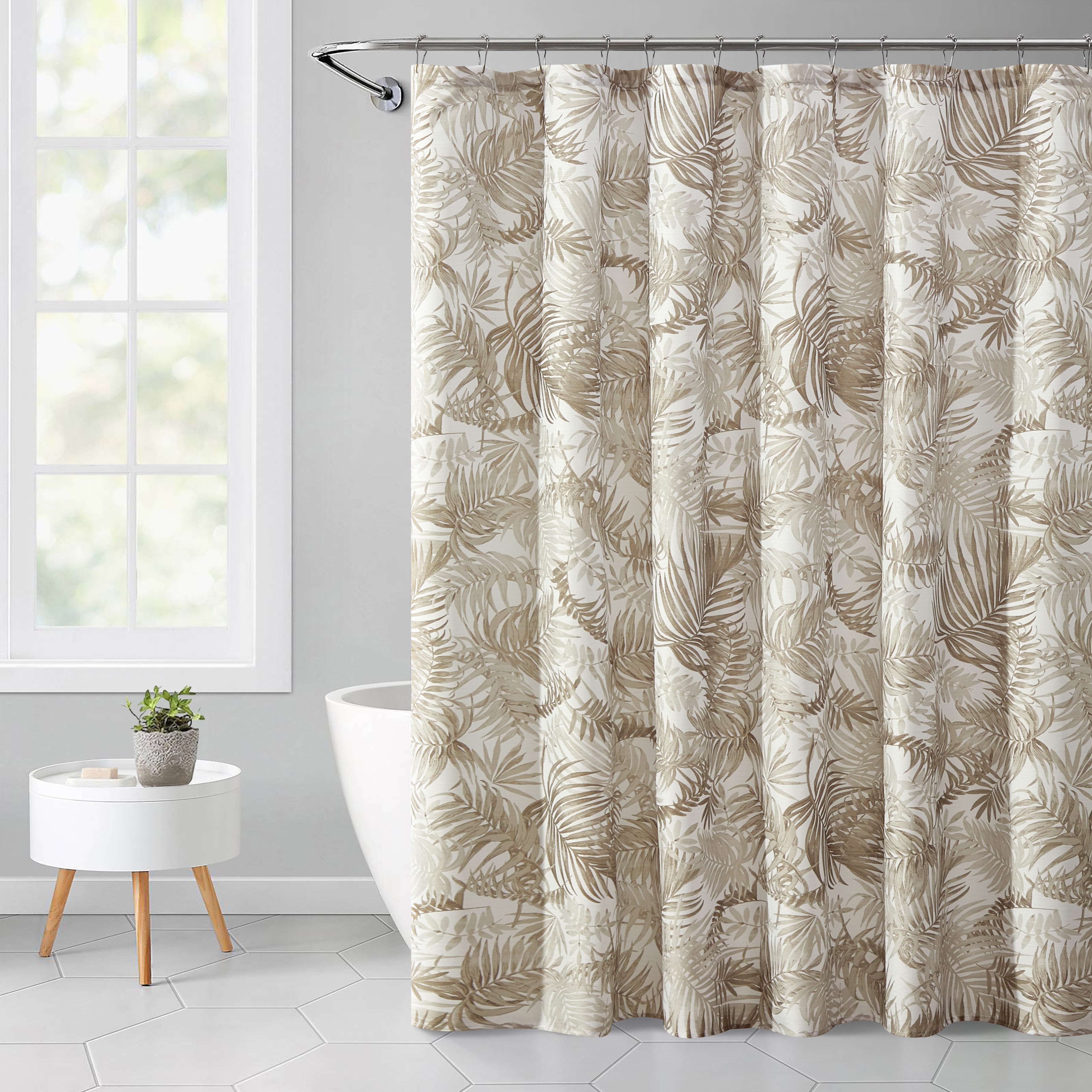 Palm Printed Ribbed Textured Shower Curtain + Medium Weight Liner