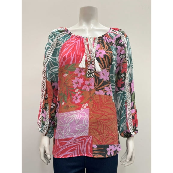 Palm Rio Womens printed 3/4 elastic sleeve notch neck tasseled Blouse with lace trim details , Red/Green , M