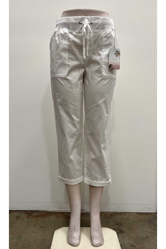 Womens pull on cotton front and back pockets elastic waist draw string Capri with eyelet cut out details , White , S