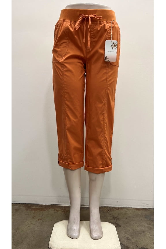 Womens pull on cotton front and back pockets elastic waist draw string cuffed Capri , Sun Baked , L