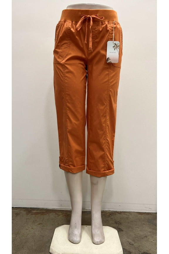 Womens pull on cotton front and back pockets elastic waist draw string cuffed Capri , Sun Baked , XL