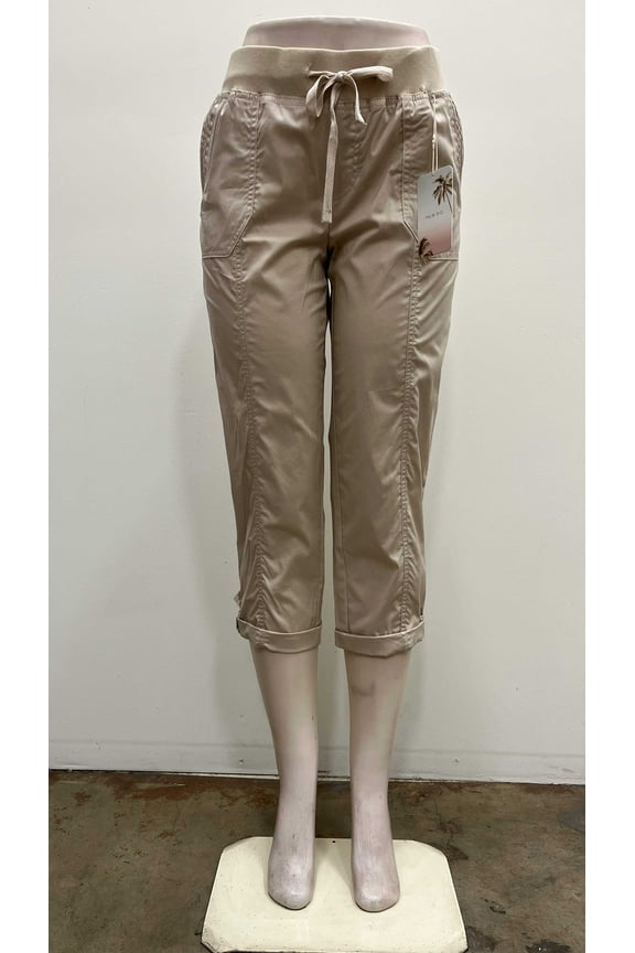 Womens pull on cotton front and back pockets elastic waist draw string cuffed Capri , Tan , L