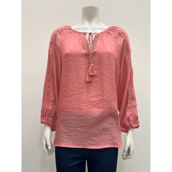 Palm Rio Womens solid 3/4 elastic sleeve notch neck tasseled Blouse with lace trim details , Apricot, S