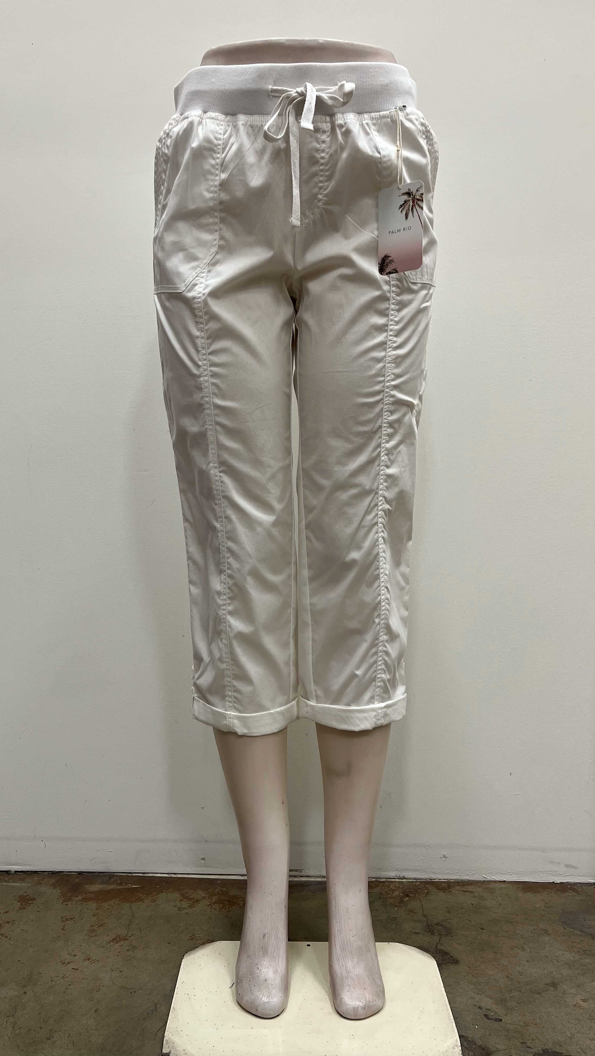 Palm Rio cotton elastic waist draw string Capri  , White , S