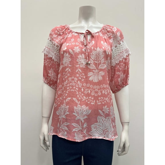 Palm Rio printed lace insert short elastic sleeve  notch neck Blouse with front tie , Apricot , S