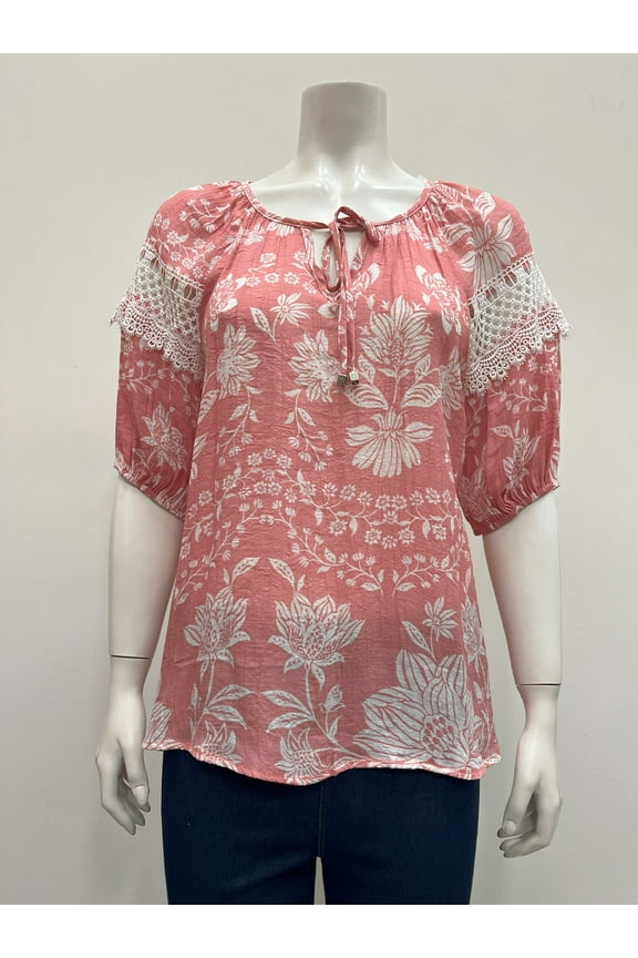 printed lace insert short elastic sleeve notch neck Blouse with front tie , Apricot , S