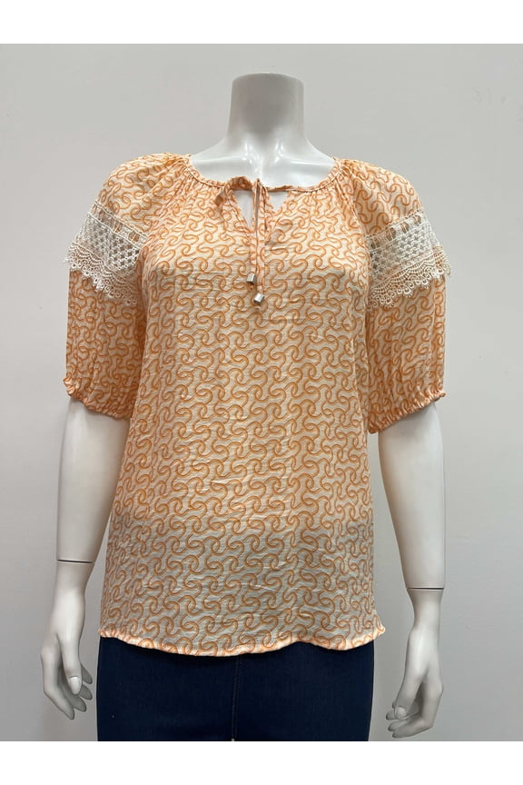 printed lace insert short elastic sleeve notch neck Blouse with front tie , Orange , S