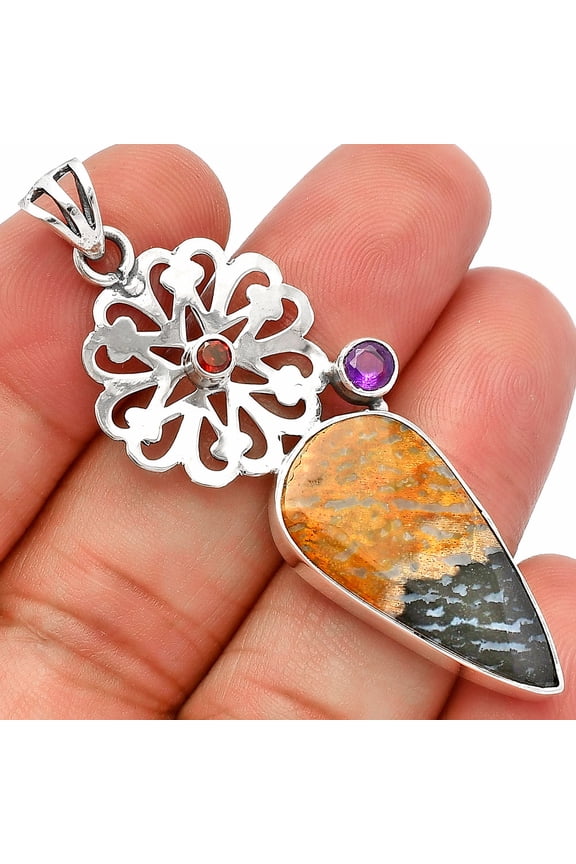 Palm Root Fossil Agate, Amethyst & Garnet 925 Silver Pendant Jewelry P-1228 SDP147530