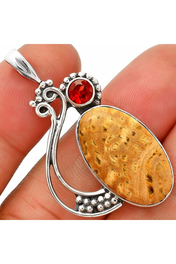 Palm Root Fossil Agate & Garnet 925 Sterling Silver Pendant Jewelry P-1573 SDP148780