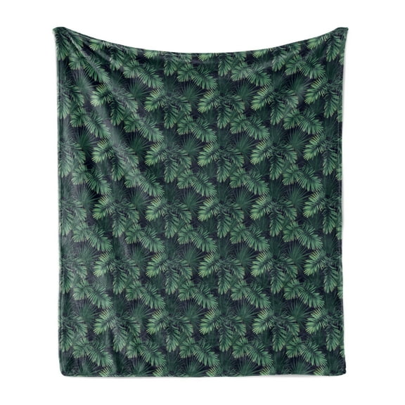 Palm Soft Flannel Fleece Blanket, Repeating Jungle Foliage Pattern with Exotic Leaves Tropic Rainforest Plant, Cozy Plush for Indoor and Outdoor Use, 50" x 70", Jade Green Navy Green, by Ambesonne