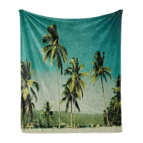 Palm Soft Flannel Fleece Throw Blanket, Retro Summer Inspired Grunge Landscape Image with Tall Trees and Ombre Effect Sky, Cozy Plush for Indoor and Outdoor Use, 70" x 90", Multicolor, by Ambesonne