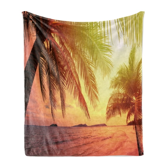 Palm Soft Flannel Fleece Throw Blanket, Sunset Photo in Warm Colors at Tropical Beach Dramatic Sky and Ocean, Cozy Plush for Indoor and Outdoor Use, 70" x 90", Multicolor, by Ambesonne