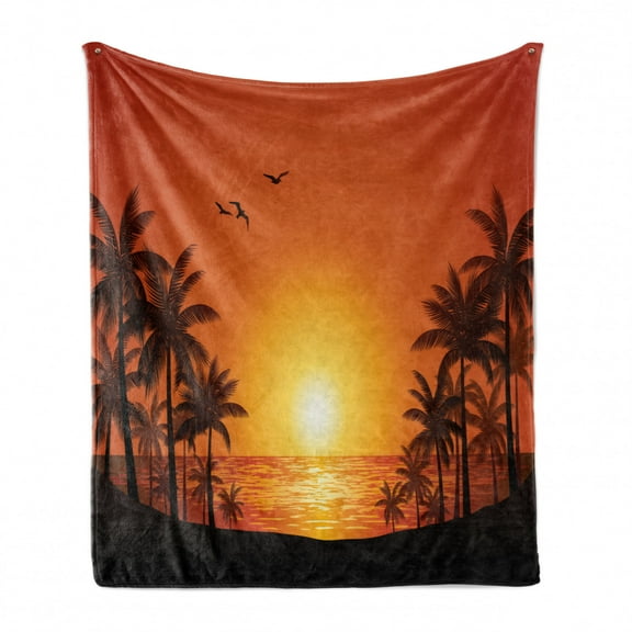 Palm Soft Flannel Fleece Throw Blanket, Sunset and Tropical Tree Silhouettes Sun over Sea, Cozy Plush for Indoor and Outdoor Use, 50" x 60", Burnt Orange Seal Brown, by Ambesonne
