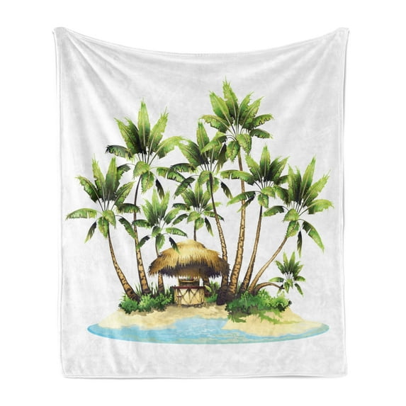 Palm Soft Flannel Fleece Throw Blanket, Tropical Island Illustration with Exotic Trees and Bungalow Tiki Bar on Beach, Cozy Plush for Indoor and Outdoor Use, 70" x 90", Multicolor, by Ambesonne