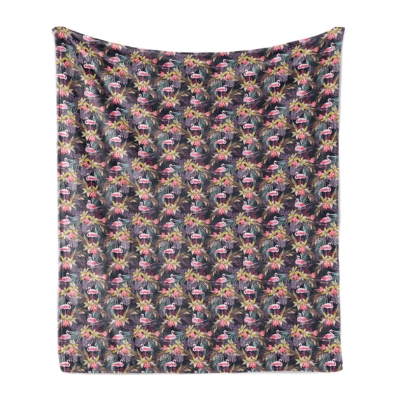 Palm Soft Flannel Fleece Throw Blanket, Tropical Summer Themed Pattern with Exotic Leaves Flowers and Flamingo Bird Print, Cozy Plush for Indoor and Outdoor Use, 50" x 70", Multicolor, by Ambesonne