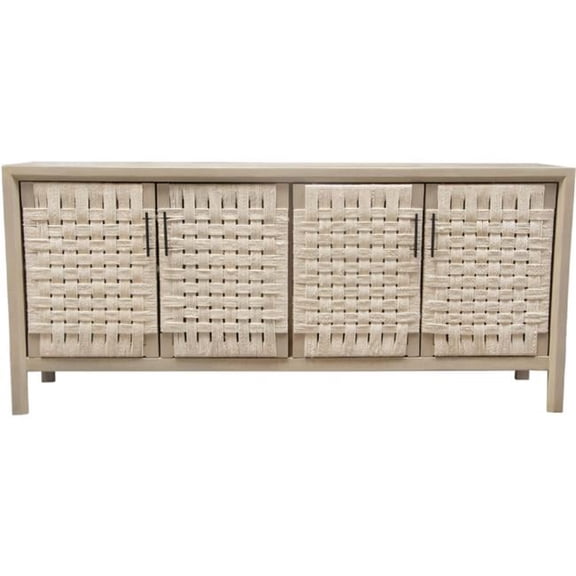 Palm Solid Mango Wood 4-Door Sideboard, Natural Finish with Woven Rope Door Fronts
