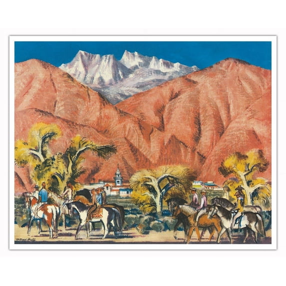 Palm Springs California - United Air Lines - Vintage Airline Travel Poster by Millard Sheets c.1951 - Fine Art Matte Paper Print (Unframed) 16x20in