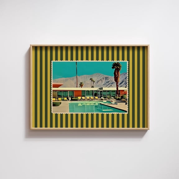 Palm Springs Pool Print, Retro California Art, Eclectic Art Printable Vintage Postcard Print, Trendy Striped Maximalist Aesthetic Decor #74, Unframed Canvas Size 12x18