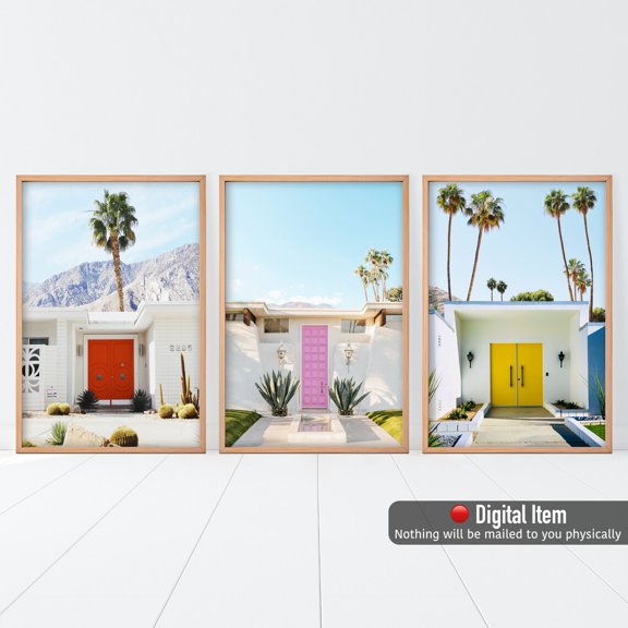 Palm Springs Print, Doors Print Set, Palm Springs Poster, Palm Tree, California Print Set, Mid Century, 3 Pieces Wall Art, Stretched Canvas