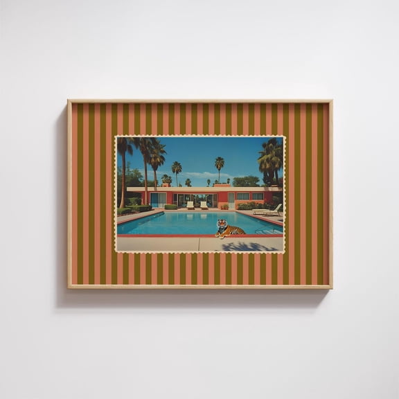Palm Springs Retro Art Poolside Tiger Poster, Eclectic Art Printable Vintage Postcard Print, Trendy Striped Maximalist Aesthetic Decor #73, Unframed Canvas Size 24x36