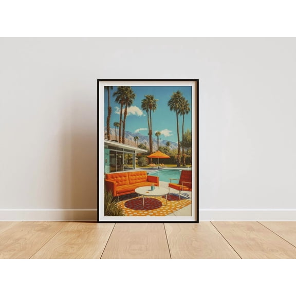 Palm Springs Retro Pool Print, S Lounge With Orange Sofa, Maximalist Summer Wall Art, Retro Pool Print Poster, Wall Art for Decor, Present, Poster Only