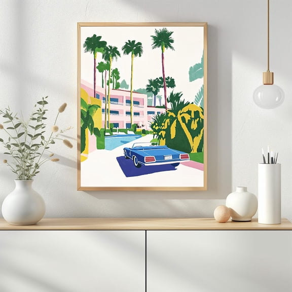 Palm Springs Retro Print Poster, Vintage Car Wall Art, Mid Century Modern Decor, Tropical Hotel , California Aesthetic Poster,899, Size 8x12 UNFFRAMED F03.1.6l3010
